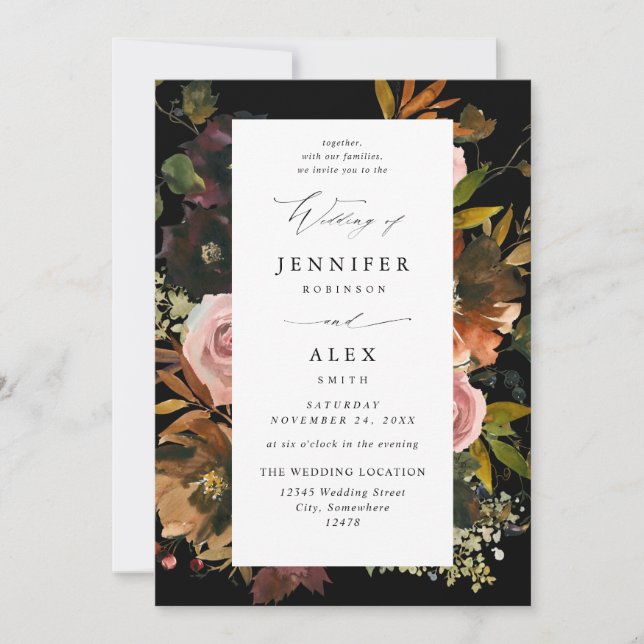 Rustic Gold, Purple, & Pink Floral 4-Black Wedding Invitation (Front)
