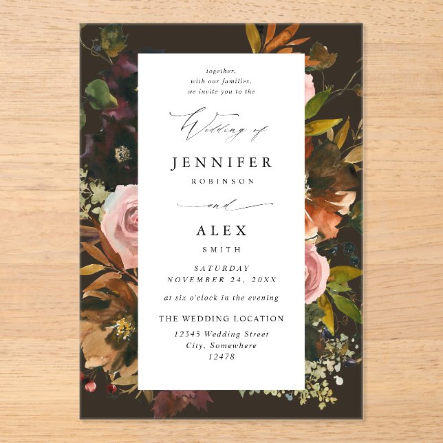 Rustic Gold, Purple, & Pink Floral 4 Brown Acrylic Invitations (Front)