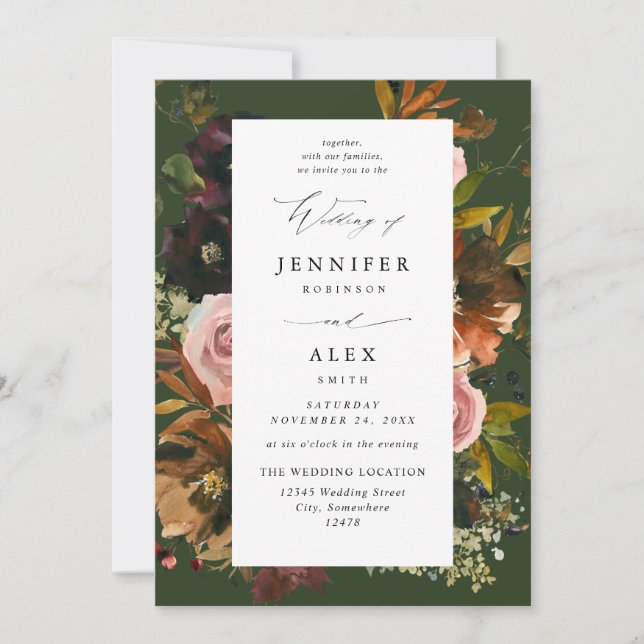 Rustic Gold, Purple, & Pink Floral 4-Green Wedding Invitation (Front)