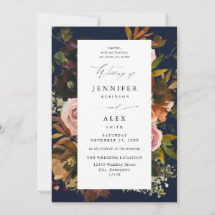 Rustic Gold, Purple, & Pink Floral 4-Navy Wedding Invitation