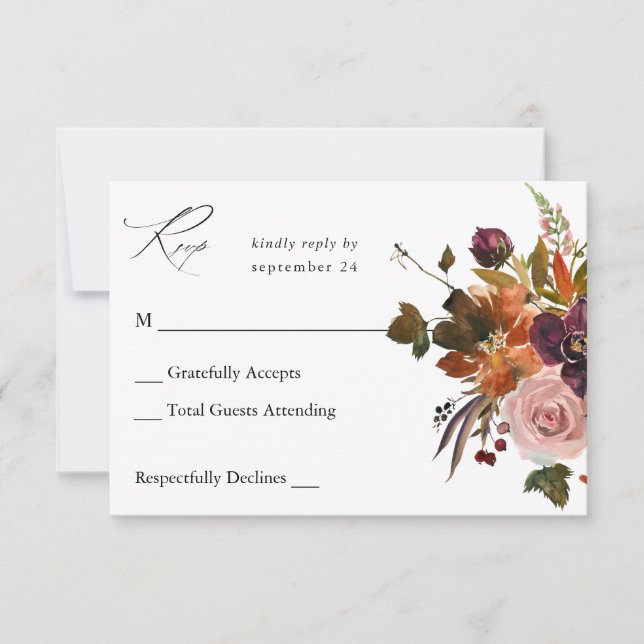 Rustic Gold, Purple & Pink Floral no Meal v2 RSVP Card (Front)