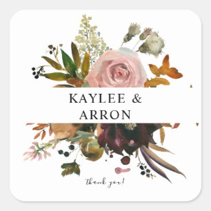 Rustic Gold, Purple & Pink Floral Thank You 2 Square Sticker
