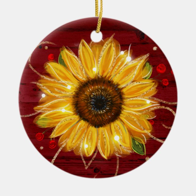 Rustic Gold Red Wood Name Sunflower Christmas Ceramic Tree Decoration (Front)