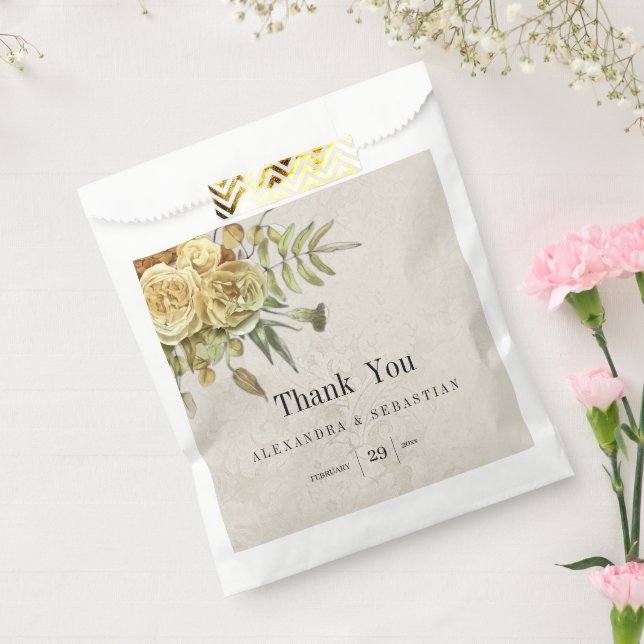 Rustic Gold Roses on Damask Wedding  Favour Bags (Sealed)