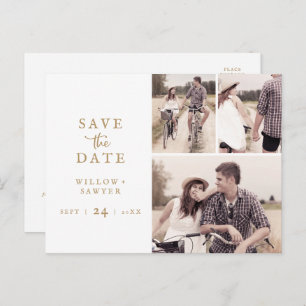 Rustic Gold Script 3 Photo Collage Save the Date Invitation Postcard