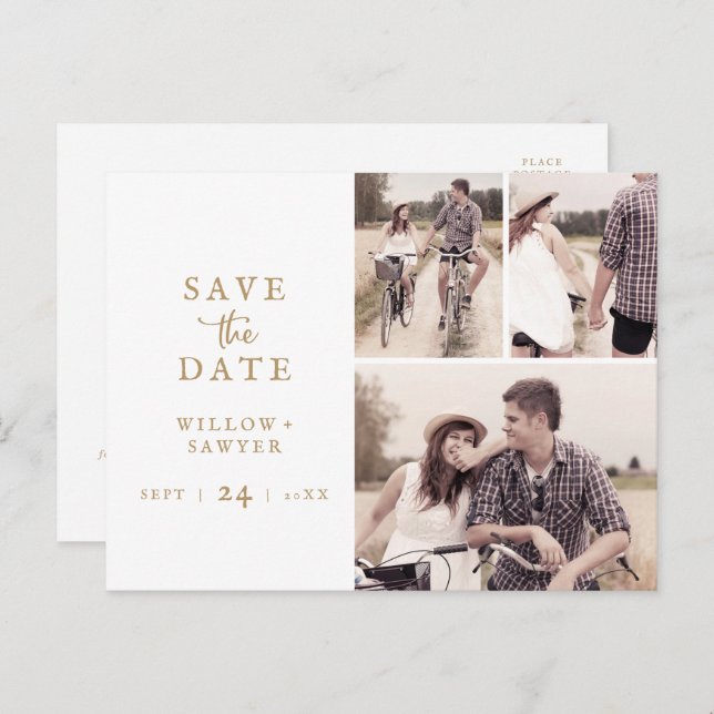 Rustic Gold Script 3 Photo Collage Save the Date Invitation Postcard (Front/Back)