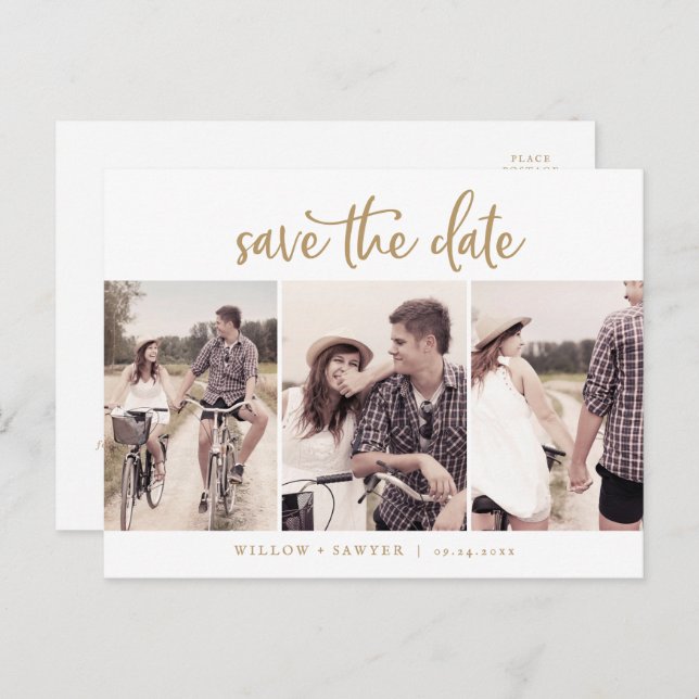 Rustic Gold Script 3 Photo Template Save the Date (Front/Back)