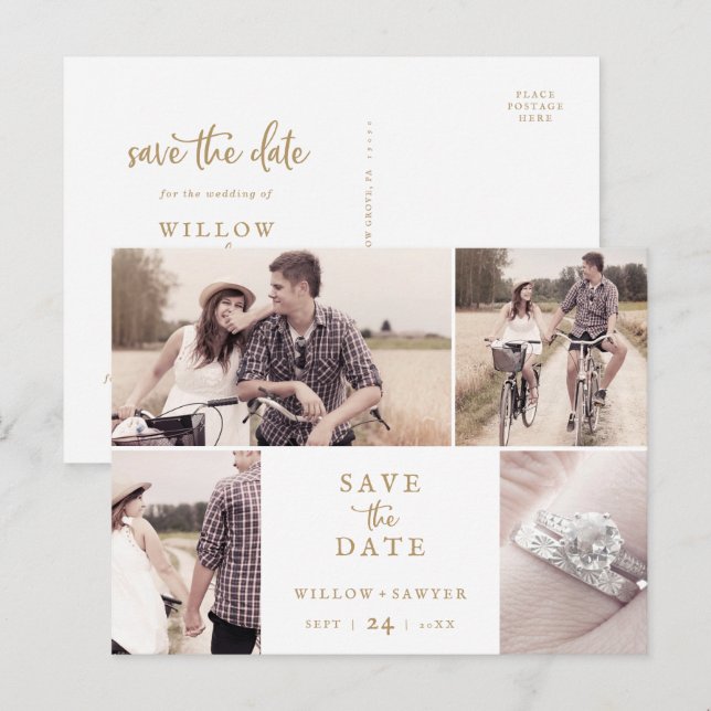 Rustic Gold Script 4 Photo Template Save the Date (Front/Back)