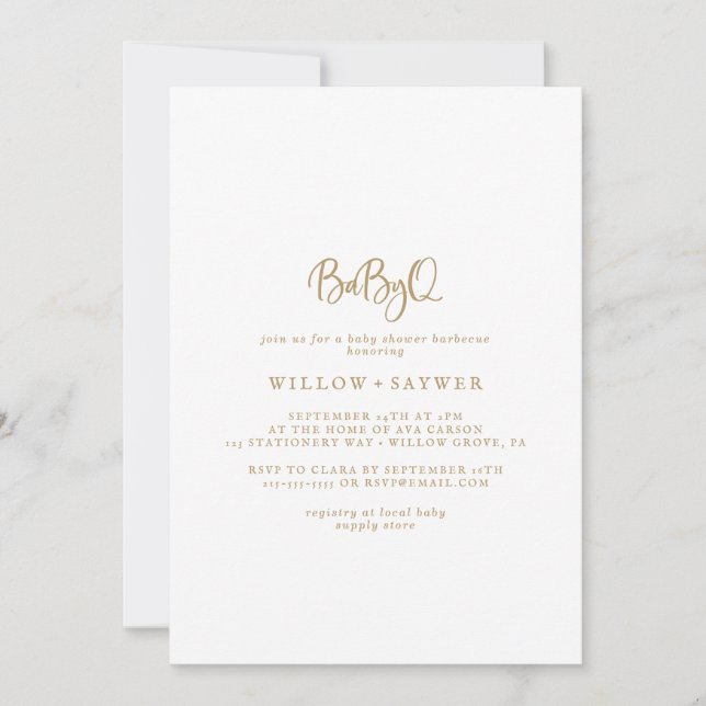 Rustic Gold Script BabyQ Baby Shower Barbecue Invitation (Front)