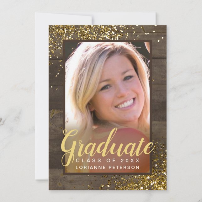 Rustic Gold Script Glitter Photo Graduation Announcement (Front)