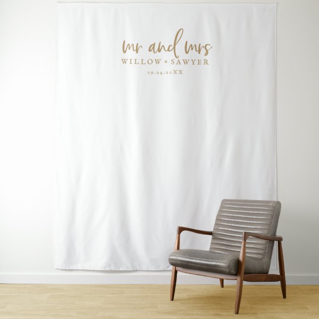 Rustic Gold Script Mr & Mrs Wedding Photo Backdrop Tapestry (In Situ)