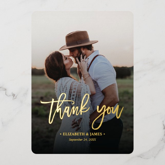 Rustic Gold Script Photo Thank You Wedding  (Front)