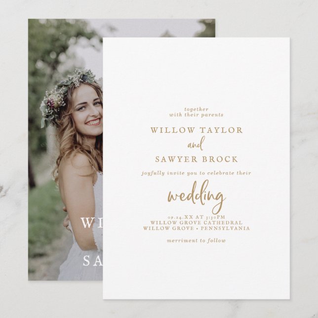 Rustic Gold Script Photo Wedding Invitation (Front/Back)