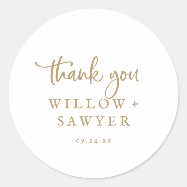 Rustic Gold Script Thank You Wedding Favour Sticke Classic Round Sticker (Front)