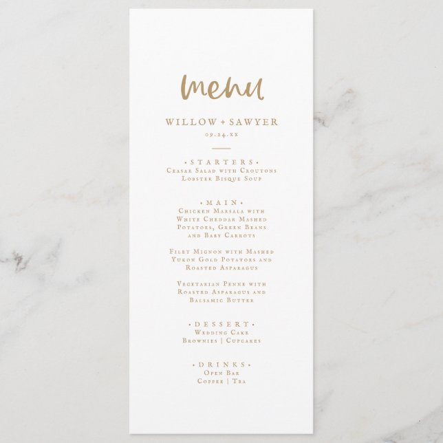 Rustic Gold Script Wedding Dinner Menu (Front)