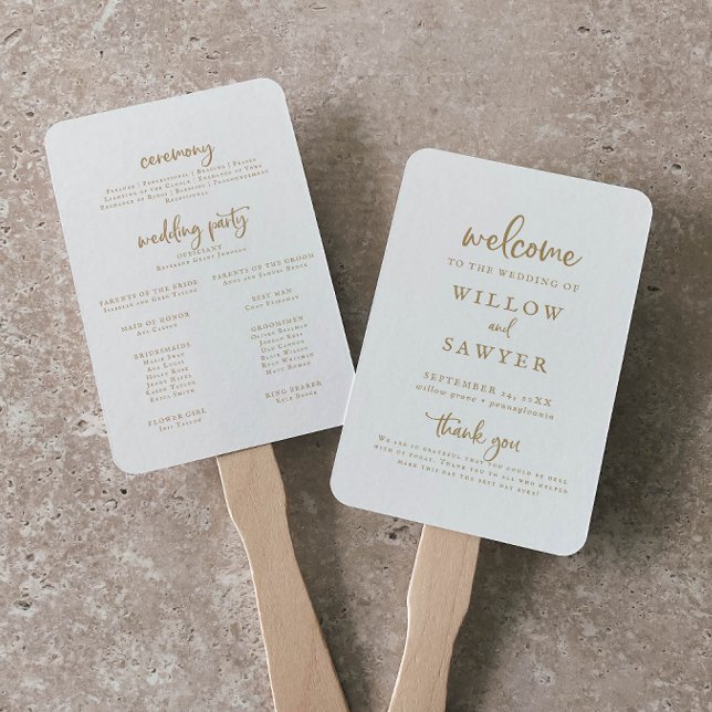 Rustic Gold Script Wedding Program Hand Fan (Creator Uploaded)