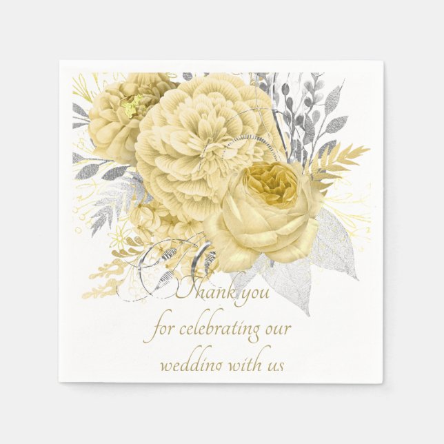 Rustic Gold Silver Floral Wedding Thank You Napkin (Front)