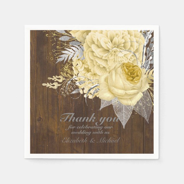 Rustic Gold Silver Floral Wedding Thank You Napkin (Front)