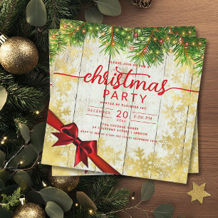 Rustic Gold Snow & Pine Lights Company Xmas Ribbon Invitation