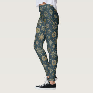 Rustic Gold Snowflakes on Dark Green Leggings