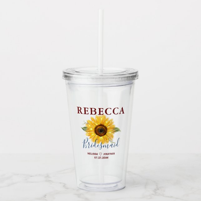 Rustic Gold Sunflower Bridesmaid Monogram Name Acrylic Tumbler (Front)