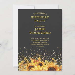 Rustic Gold Sunflowers Birthday Party Invitation