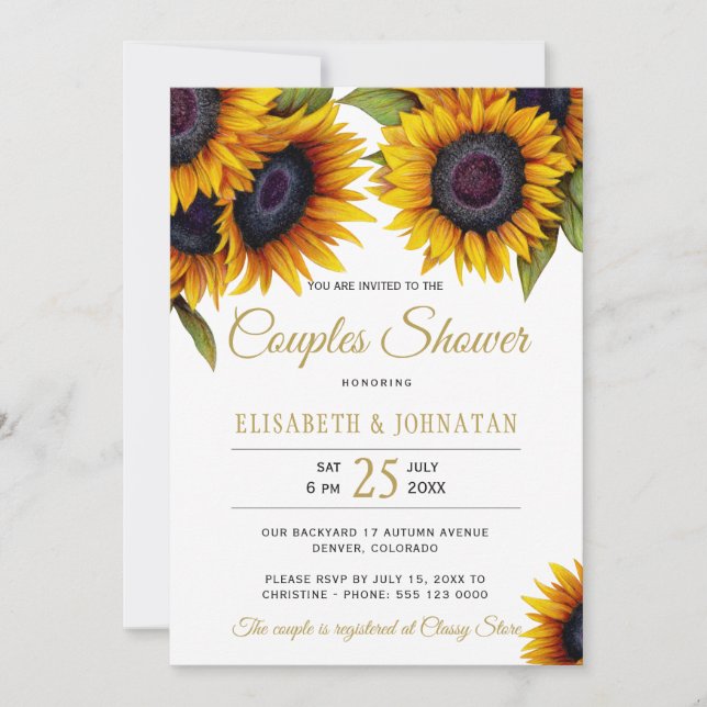 Rustic gold sunflowers elegant chic couple shower invitation (Front)