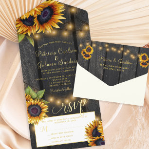 Rustic gold sunflowers wood wedding gold foil all in one invitation