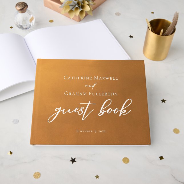 Rustic Gold Typography Earth Tone Fall Wedding Guest Book (Front Open)