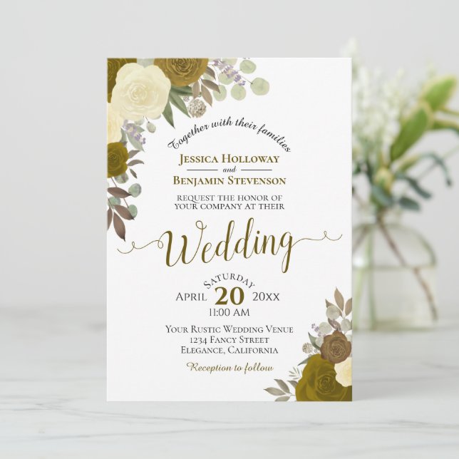 Rustic Gold Watercolor Roses Boho Floral Wedding Invitation (Standing Front)