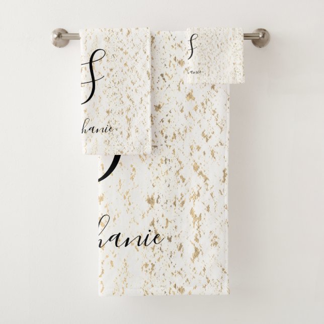 Rustic Gold White Artsy Patterns Monogram Initials Bath Towel Set (Insitu)
