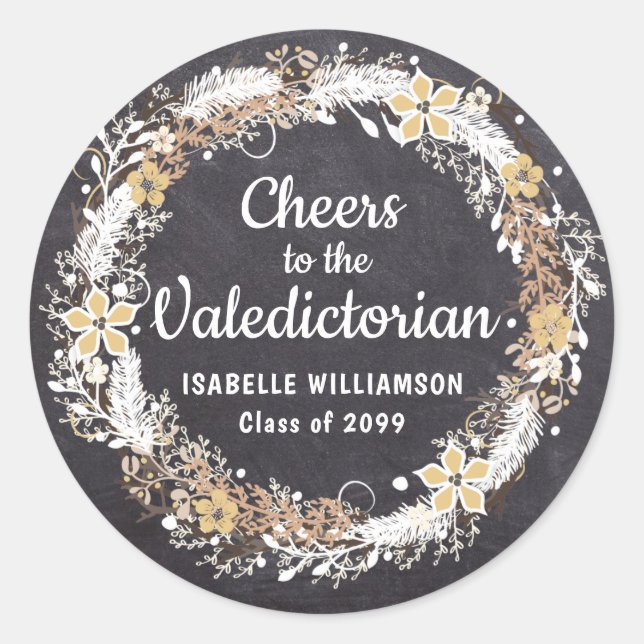 Rustic Gold White Floral Chalkboard Valedictorian Classic Round Sticker (Front)