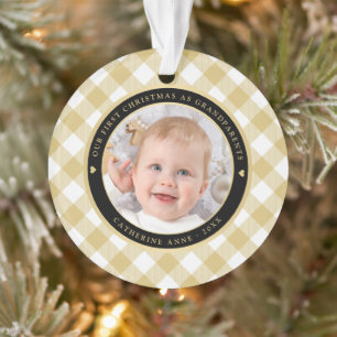 Rustic Gold White Plaid First Grandparents Photo Ornament