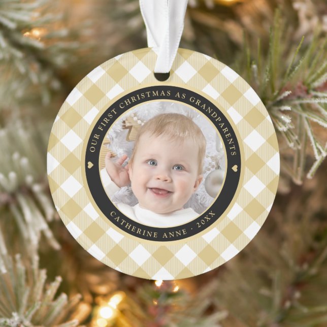 Rustic Gold White Plaid First Grandparents Photo Ornament (Tree)