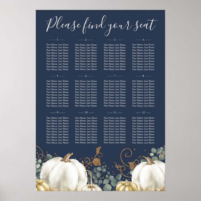 Rustic Gold White Pumpkins Wedding Seating Chart (Front)