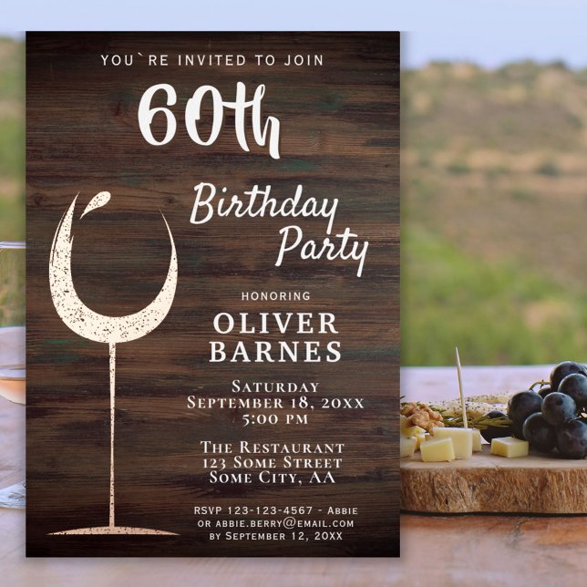 Rustic Gold Wine Glass Wood 60th Birthday (Invitation with real foil for a rustic birthday celebration!)