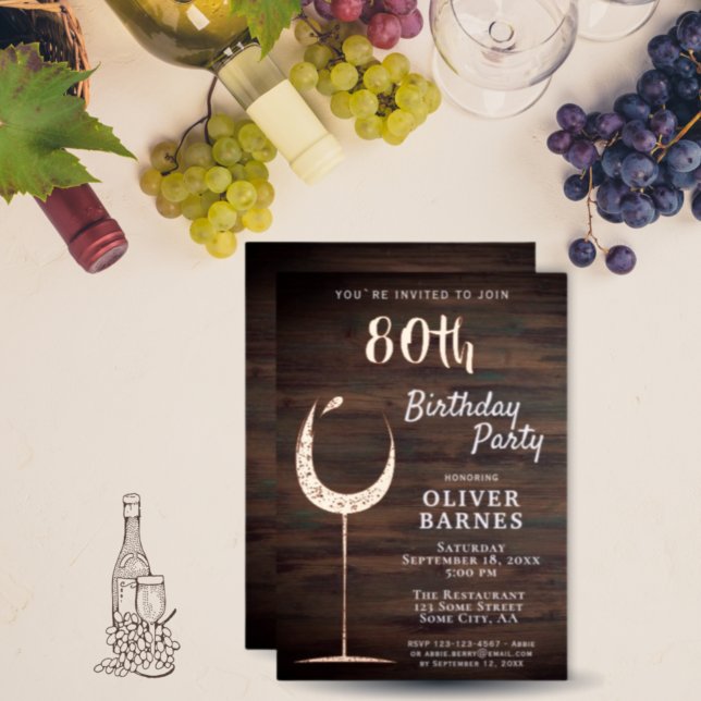 Rustic Gold Wine Glass Wood 80th Birthday (Creator Uploaded)