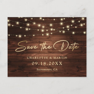 Rustic Gold Wood String Lights Save The Date Announcement Postcard
