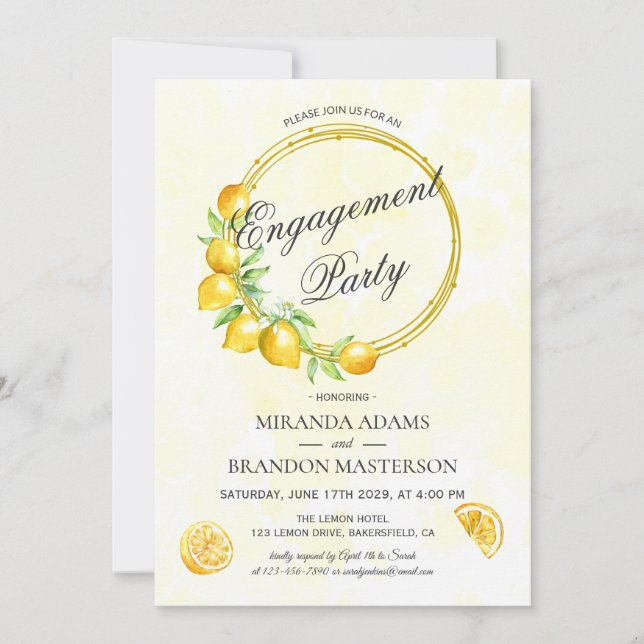 Rustic Gold Wreath Lemon Summer Engagement Party Invitation (Front)