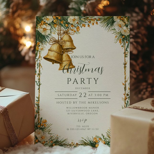 Rustic Golden Bells Holiday Celebration Invitation (Creator Uploaded)