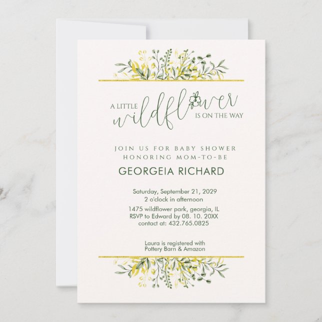 Rustic Golden Frame Wildflower on Way  Baby Shower Invitation (Front)