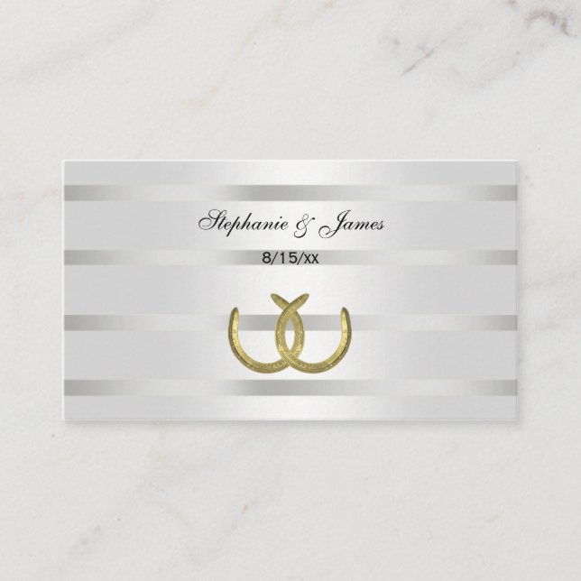Rustic Golden Horseshoes Silver Wht Escort Cards (Front)
