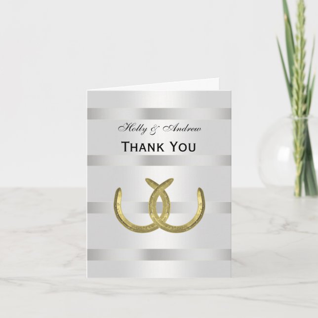 Rustic Golden Horseshoes Silver Wht Thank You Card (Front)