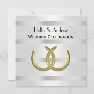 Rustic Golden Horseshoes Silver Wht Wedding Invitation