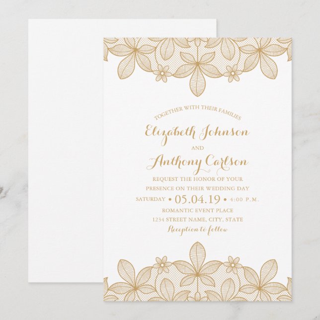 Rustic Golden Lace Luxury Elegant Wedding Invitation (Front/Back)