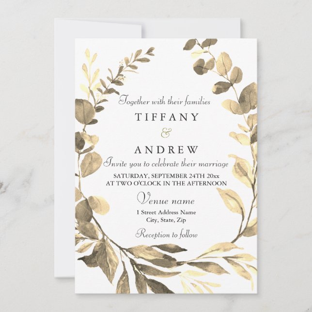 Rustic Golden Leaf Wreath Modern Wedding Invitation (Front)