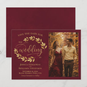 Rustic Golden Leaves on Burgundy Photo Wedding Save The Date