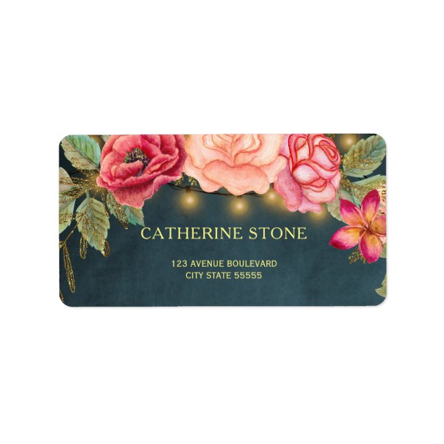 Rustic golden pink roses lights navy wedding rsvp label (Front)