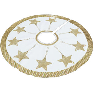 Rustic Golden Stars Pattern On White Brushed Polyester Tree Skirt