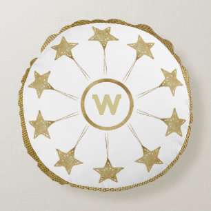 Rustic Golden Stars Pattern On White Monogram Round Cushion